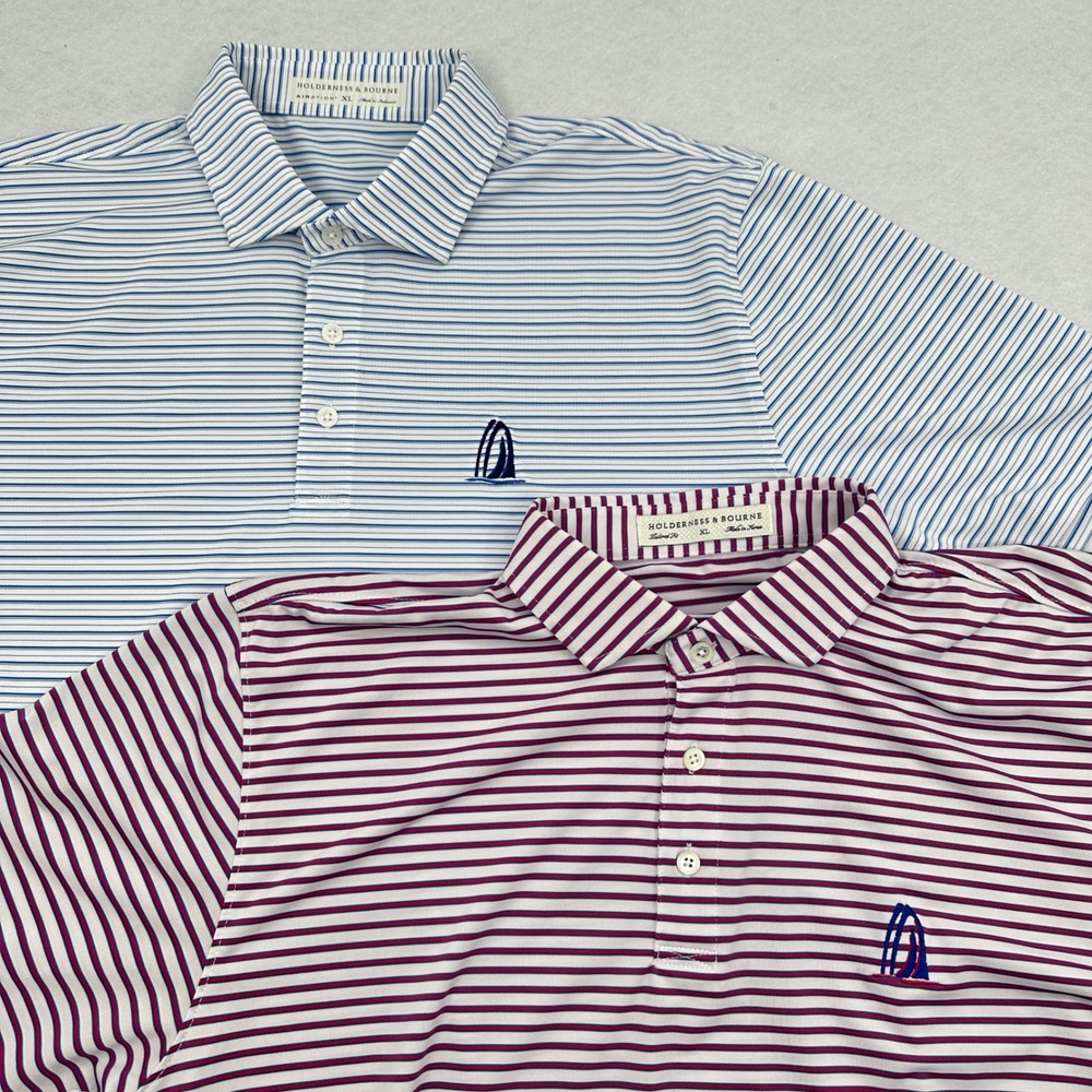 2 Holderness & Bourne Mens XL Tailored Fit Golf Polo Blue White Striped Sailboat